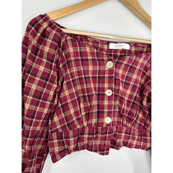 Eggka Peasant Milkmaid Crop Top Red Cream Plaid Long Sleeve Button Front Small - Picture 4 of 7